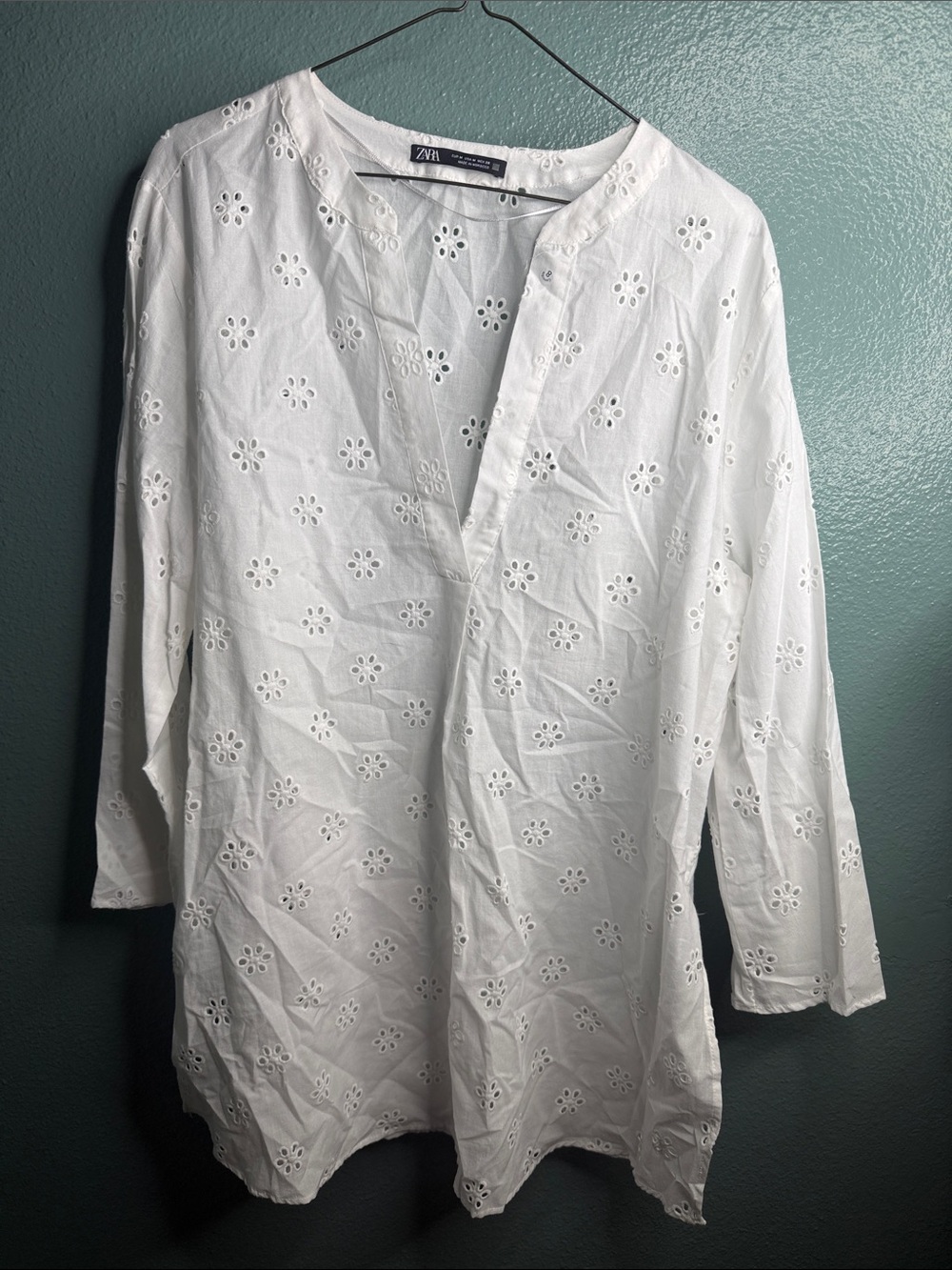 Zara White Eyelet Split-Neck Tunic